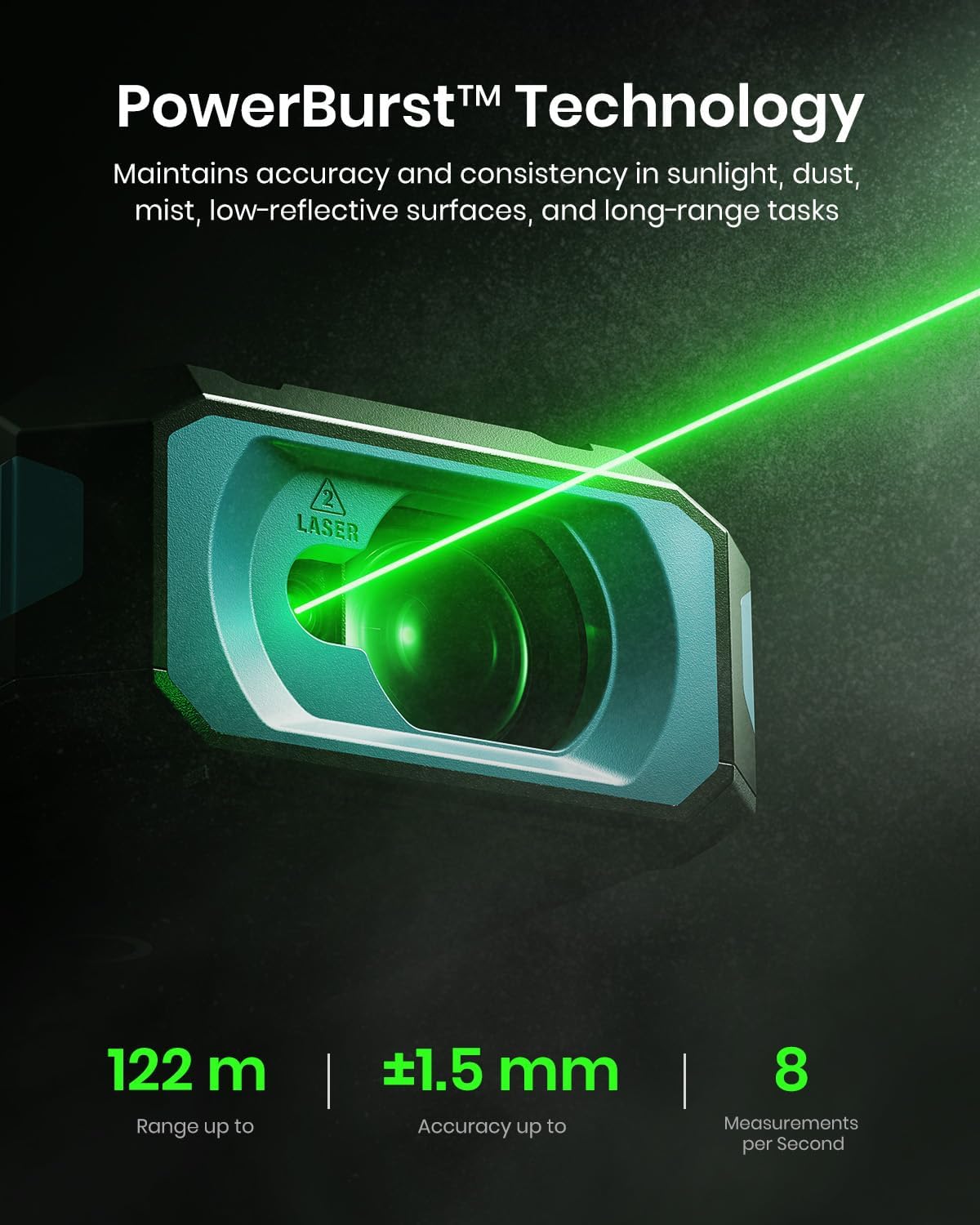 Detalle de MiLESEEY S50 laserafstandsmeter met groene laser, P2P en bereik tot 120 m