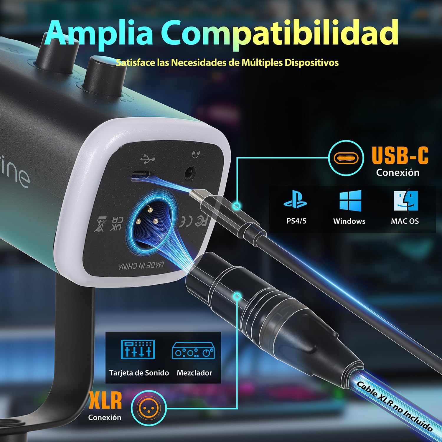 Detalle de FIFINE XLR USB Micrófono Gaming para PC/PS4/PS5: streaming y grabación con cableado flexible