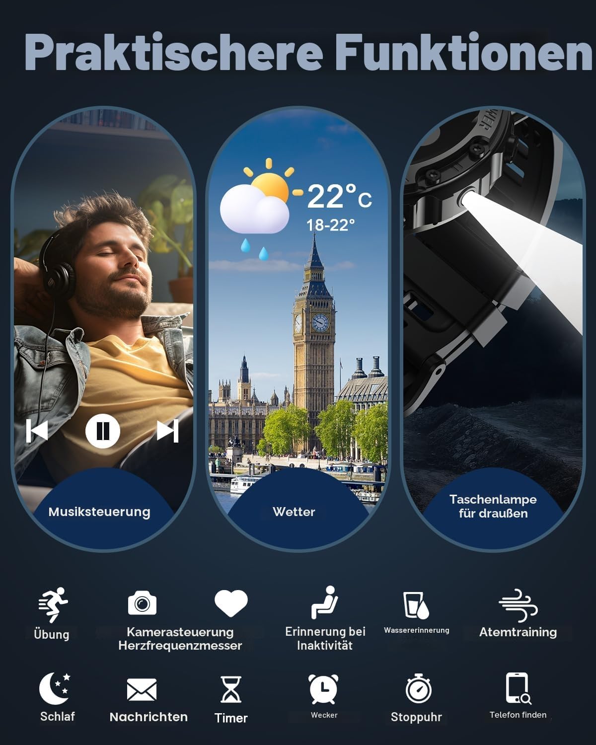 Detalle 2 de TIMU Smartwatch für Herren – 1,45 Zoll AMOLED, Bluetooth Anruffunktion und 30 Tage Standby