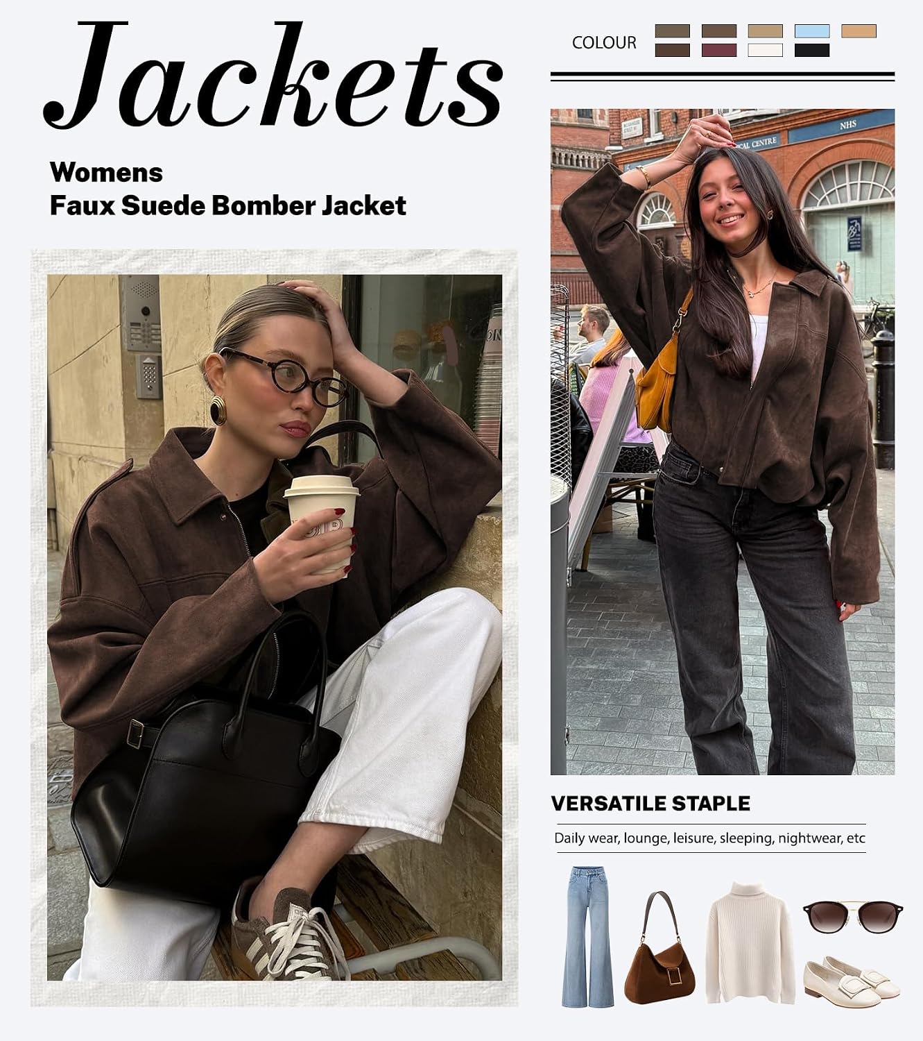 Thumbnail 4 de Bnigung Women's Faux Suede Cropped Bomber Jacket with Batwing Sleeves