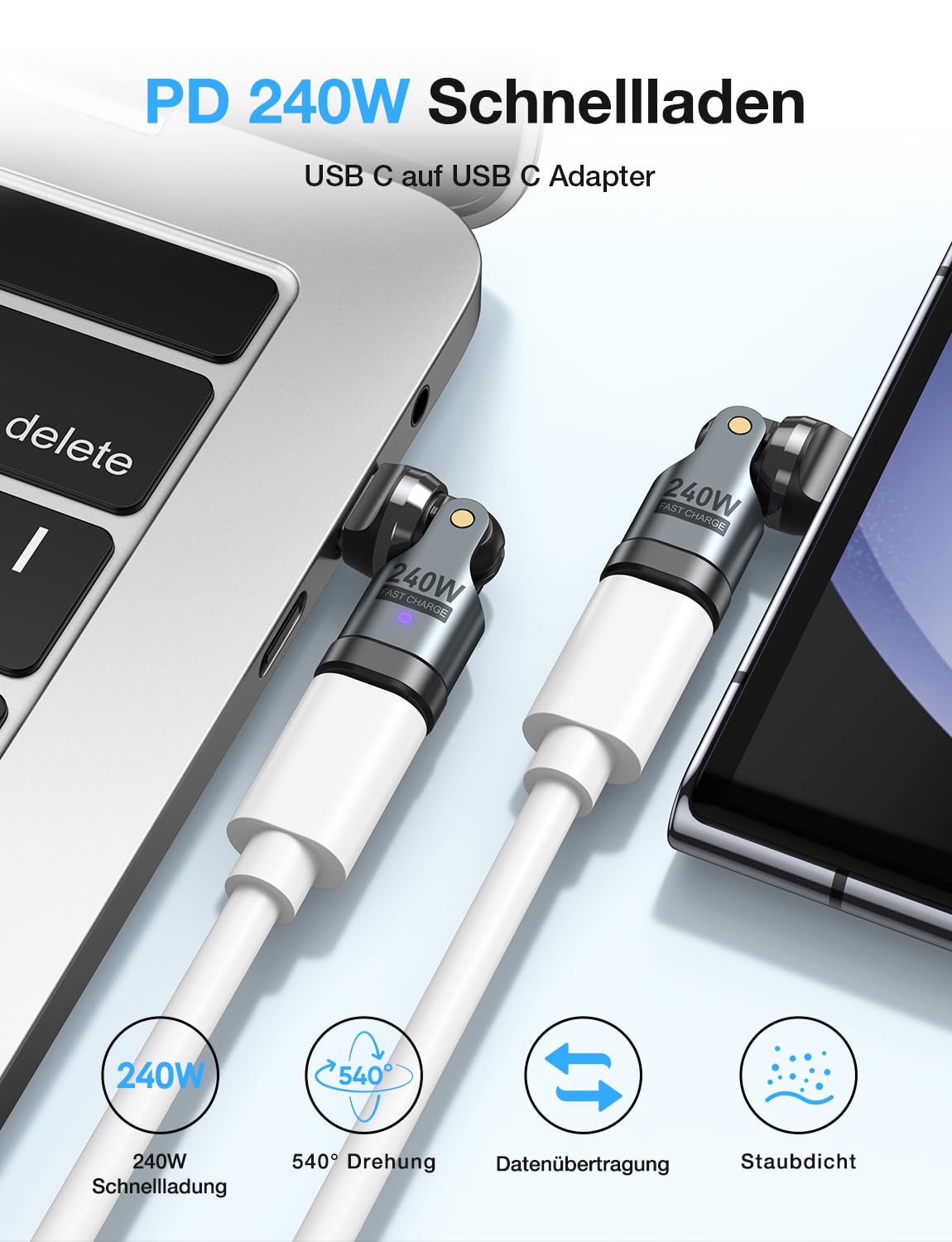 Detalle de AUFU 240W USB-C auf USB-C Adapter, 90° Winkelstecker (3er Pack) – PD-Schnellladung & 540° Drehung