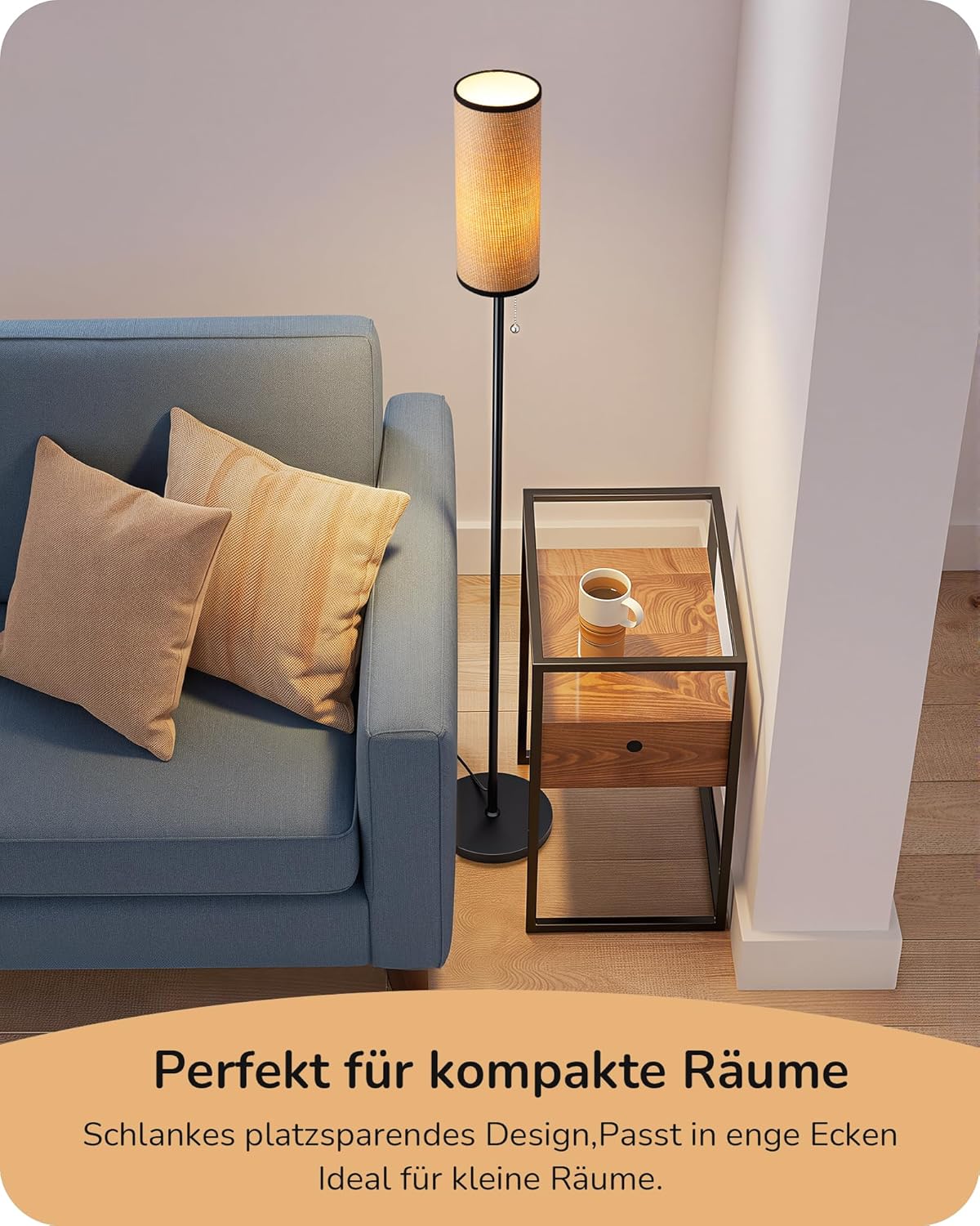 Detalle 2 de EDISHINE Stehlampe Wohnzimmer – Moderne Stehleuchte mit Schwarz Glasfaser-Schirm & Marmorsockel, E27, 6W LED, 2700K