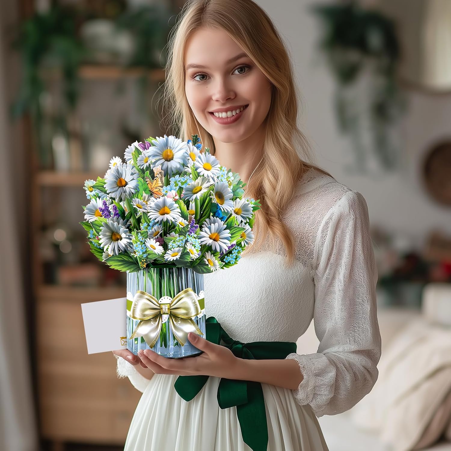 Thumbnail 6 de Gänseblümchen Big Pop Up Karte – 33 cm Blumenstrauß mit leerer Notizkarte und Umschlägen