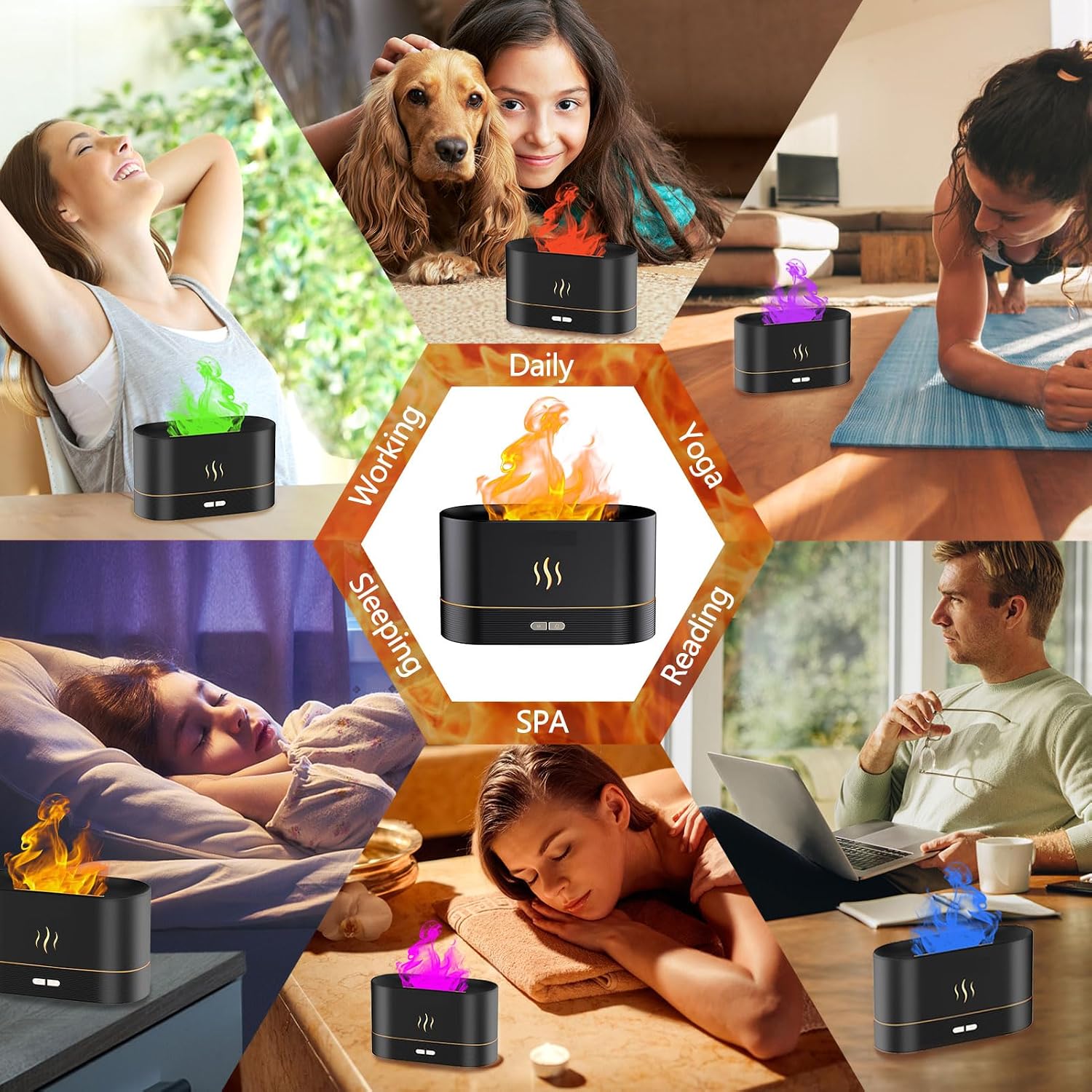Thumbnail 5 de Gzvxuny Flame Essential Oil Diffuser (7 colour LED lights) – quiet humidifier & aroma machine with auto shut-off