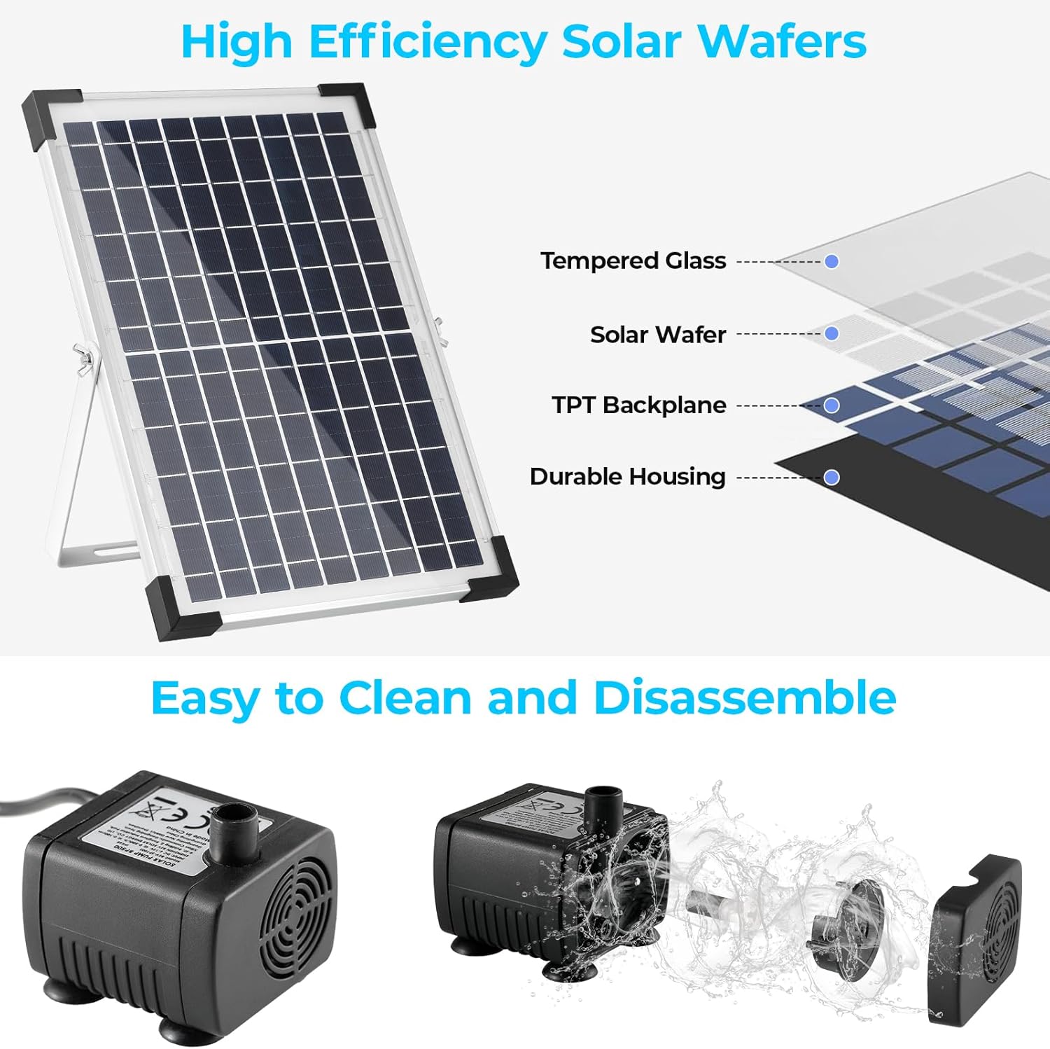 Thumbnail 5 de Clevich 12W Solar Fountain Pump (500L/h) with 1m Tube, 9 Nozzles & 3.25m Cable for Garden Ponds
