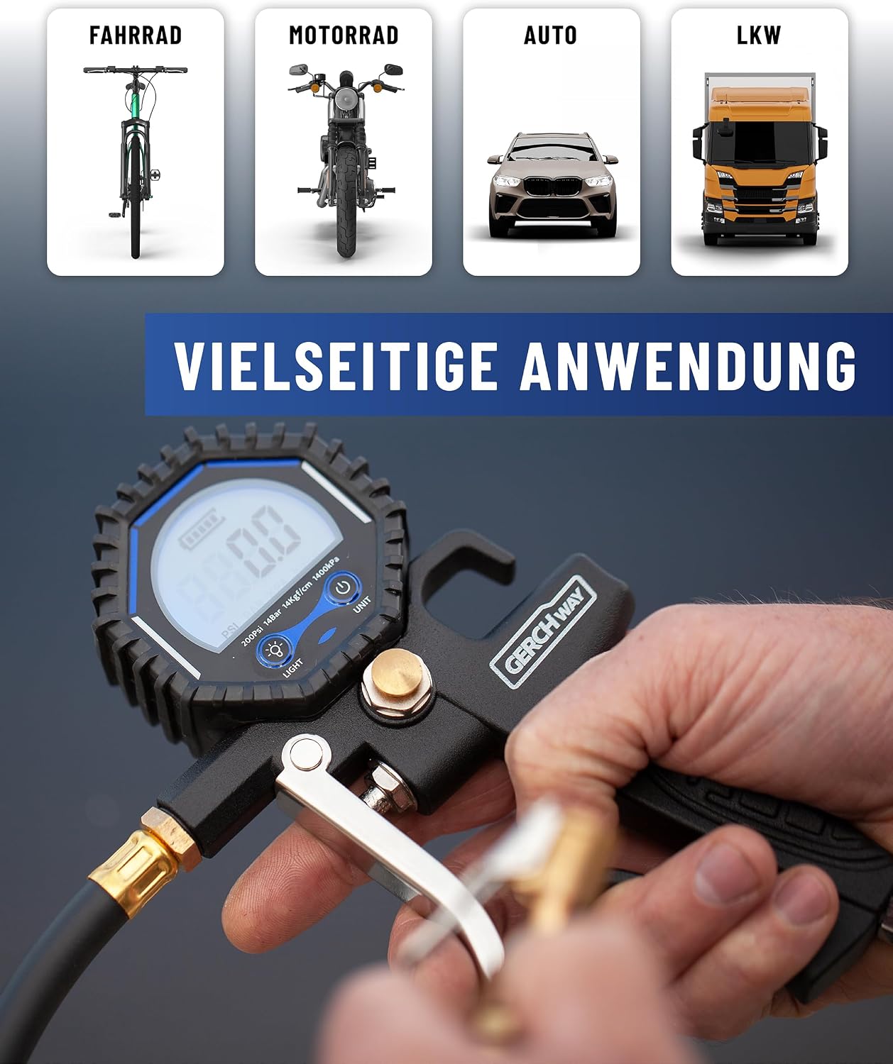 Thumbnail 6 de GERCHWAY Digitaler Reifenfüller mit Manometer – digitaler Reifendruckprüfer 0–14 bar (±1% Messgenauigkeit)