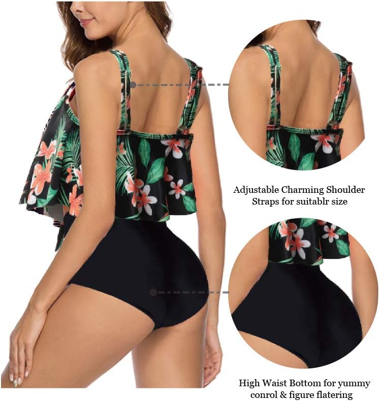 Detalle de Aidotop Maillot de bain femme 2 pièces vintage à volants, taille haute et dos nu (bikini floral)