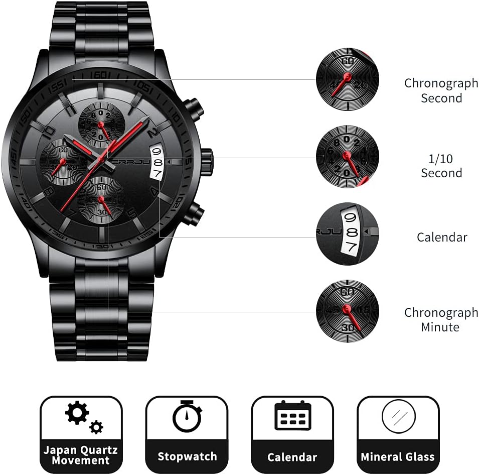 Thumbnail 3 de CRRJU Herren Uhr wasserdichter Chronograph mit Kalender – Edelstahlarmband, analoges Quarzwerk