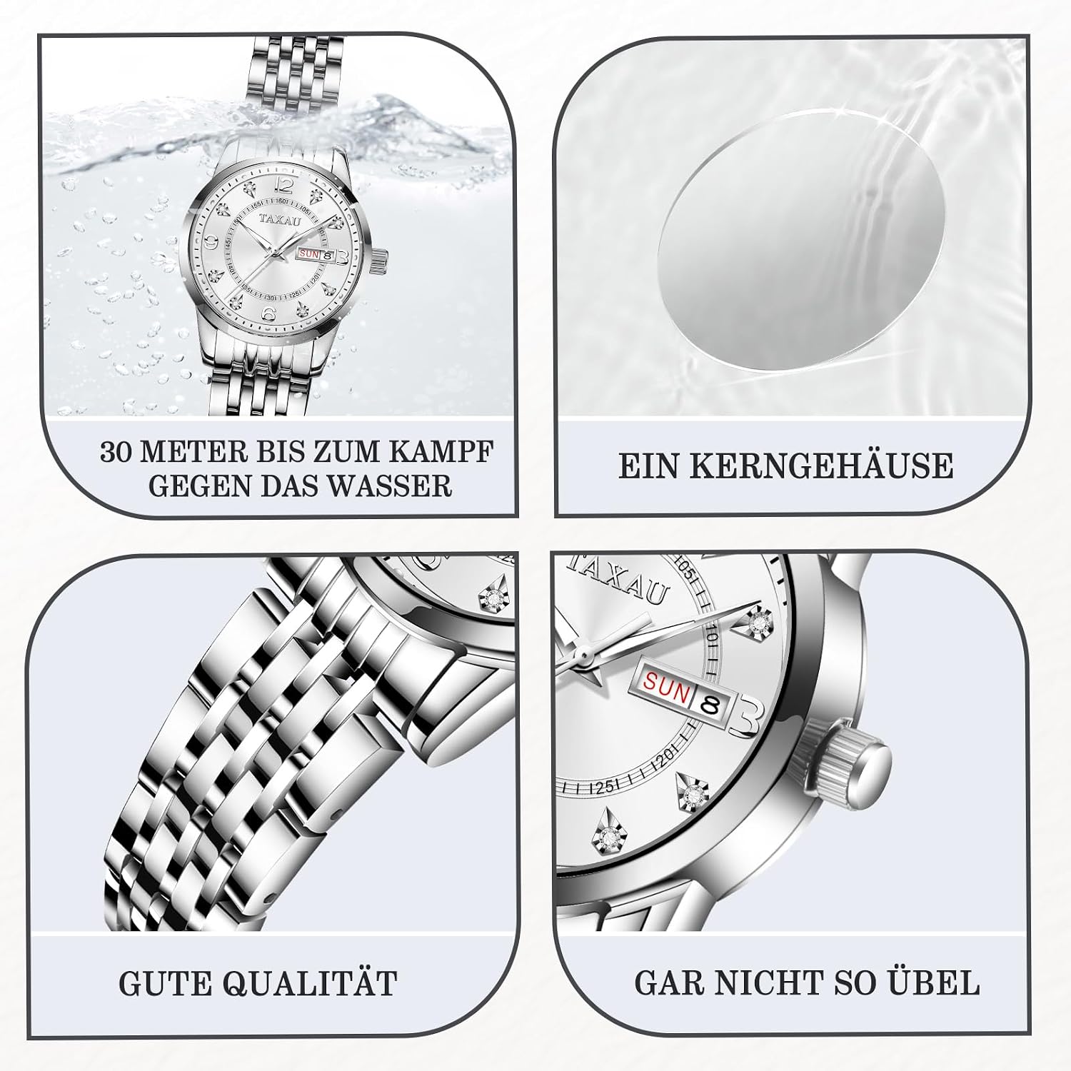 Detalle de Taxau Damenuhr Armbanduhren Silber – klassische Quarz-Uhr mit Edelstahlband, Kalender und 3ATM Spritzwasserschutz