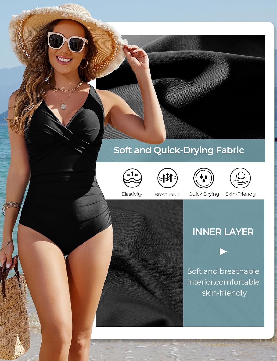 Detalle de Tuopuda Costume da Bagno Intero da Donna con Scollatura a V Push Up – controlla la pancia e valorizza la silhouette