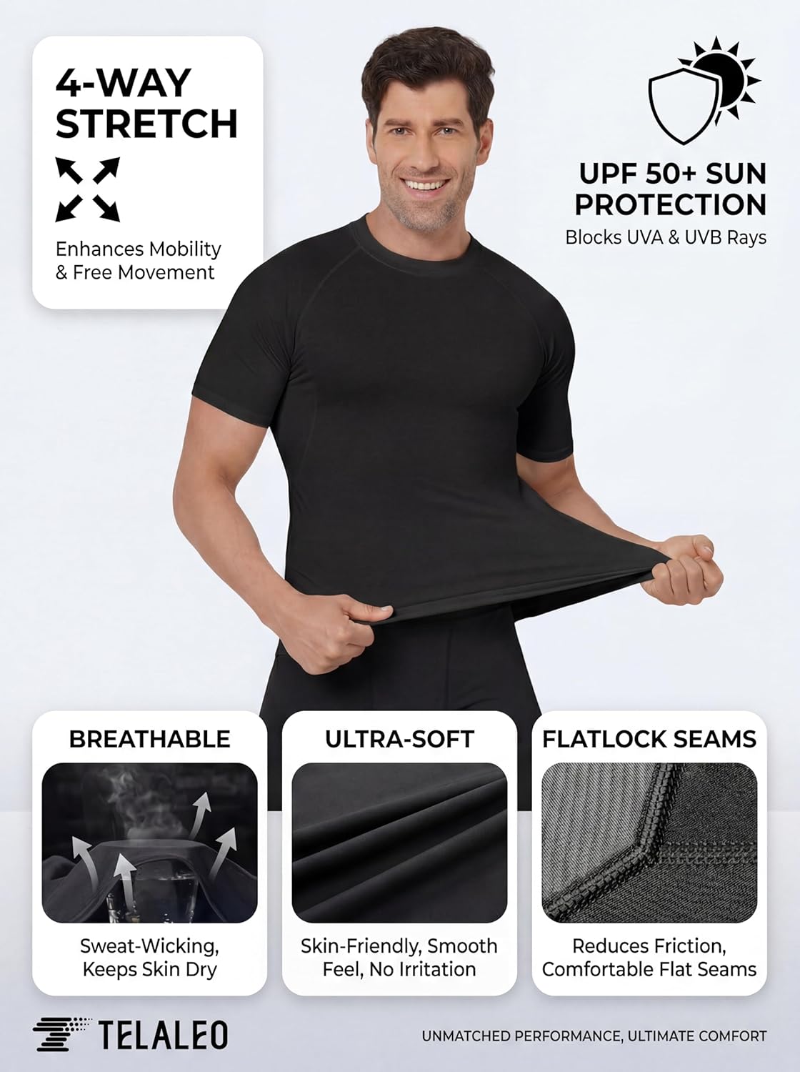 Thumbnail 2 de TELALEO 6-Pack Men’s Compression Shirt Short Sleeve Athletic Baselayer (Black/White)