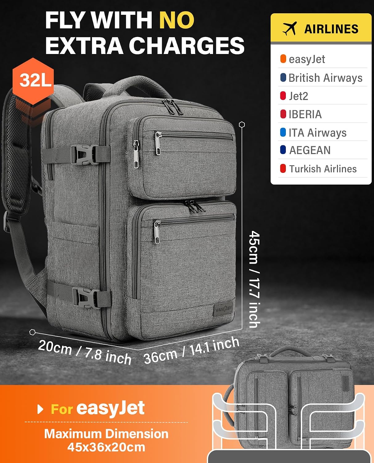Thumbnail 1 de VANKEV Cabin Bag 32L Underseat 45x36x20cm – Practical 15.6” Laptop Ready Travel Companion