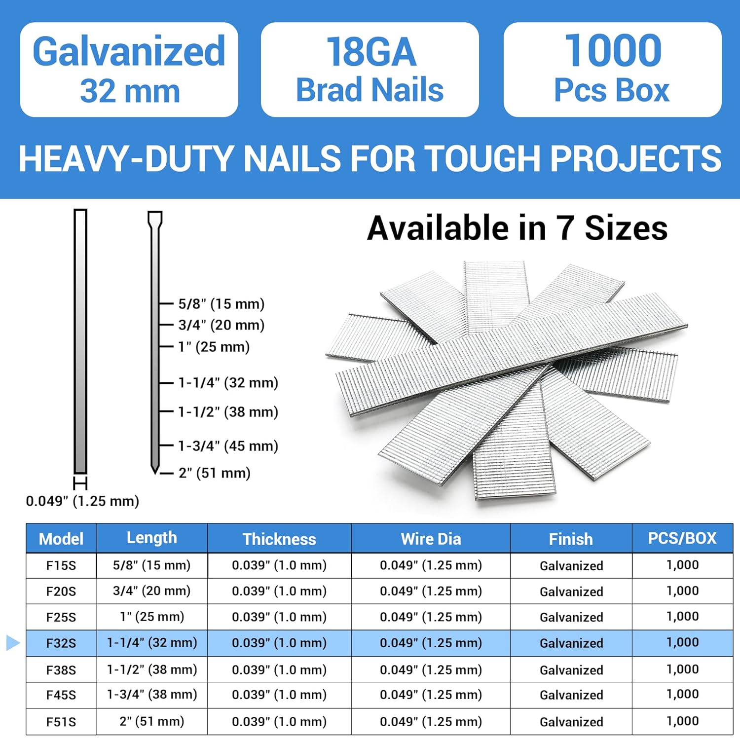 Thumbnail 1 de meite 18G Brad Nails 32 mm, 1,000 pcs