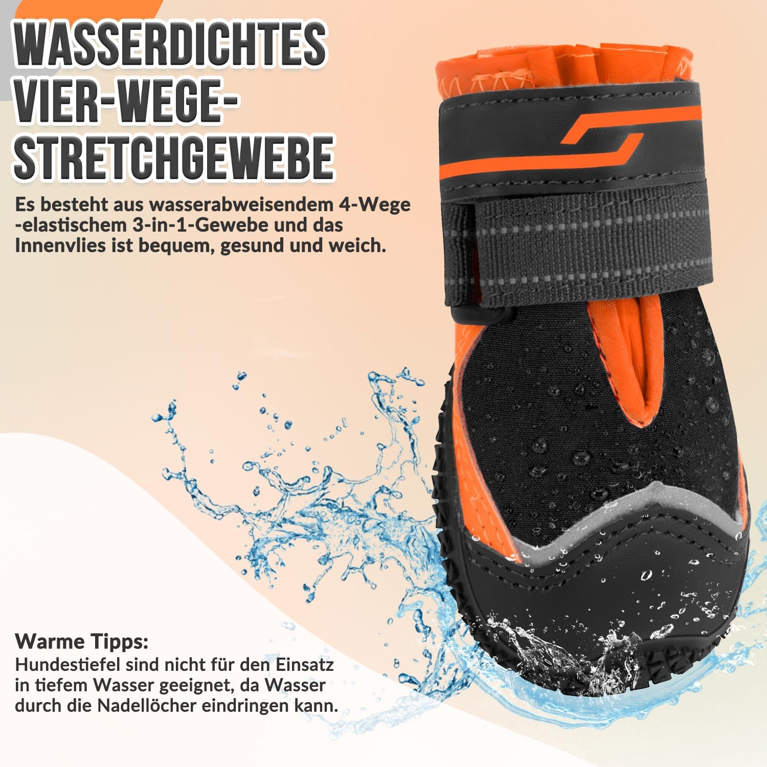 Detalle de Eyein Hundeschuhe Pfotenschutz (2 Stück) wasserabweisend, rutschfeste Sohle, reflektierender Klettverschluss – Größe 4, Orange