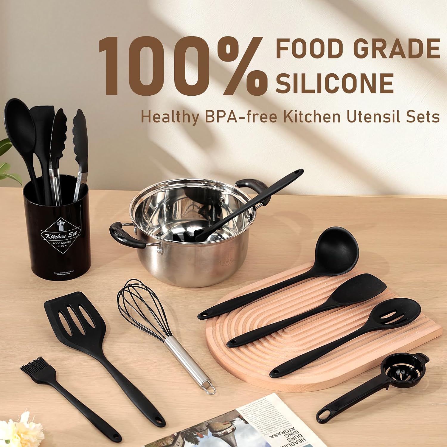 Detalle de VINATO 12-Piece Silicone Kitchen Utensil Set, Black, Dishwasher-Safe