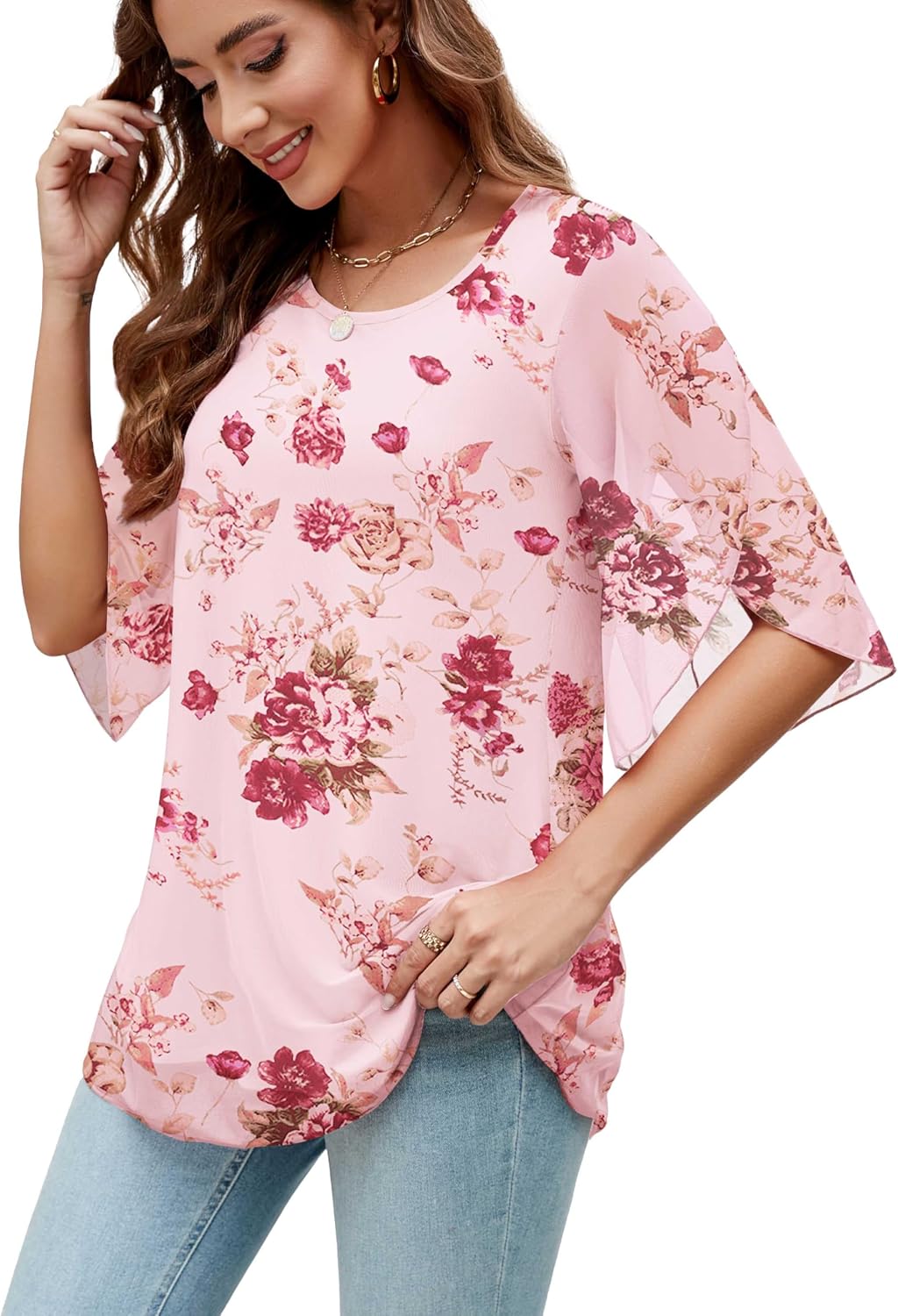 Detalle 2 de Actcat Women's Ruffle Blouse 3/4 Sleeve – Flowing Mesh Tunic Top