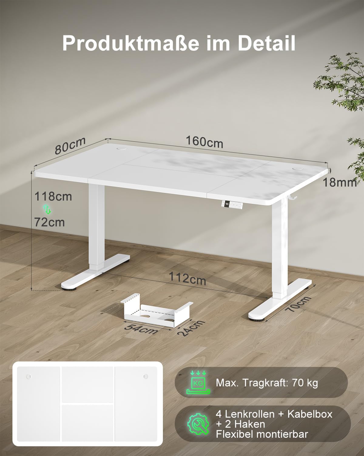 Detalle 2 de Devoko höhenverstellbarer Schreibtisch 160x80 cm mit Kabelmanagement
