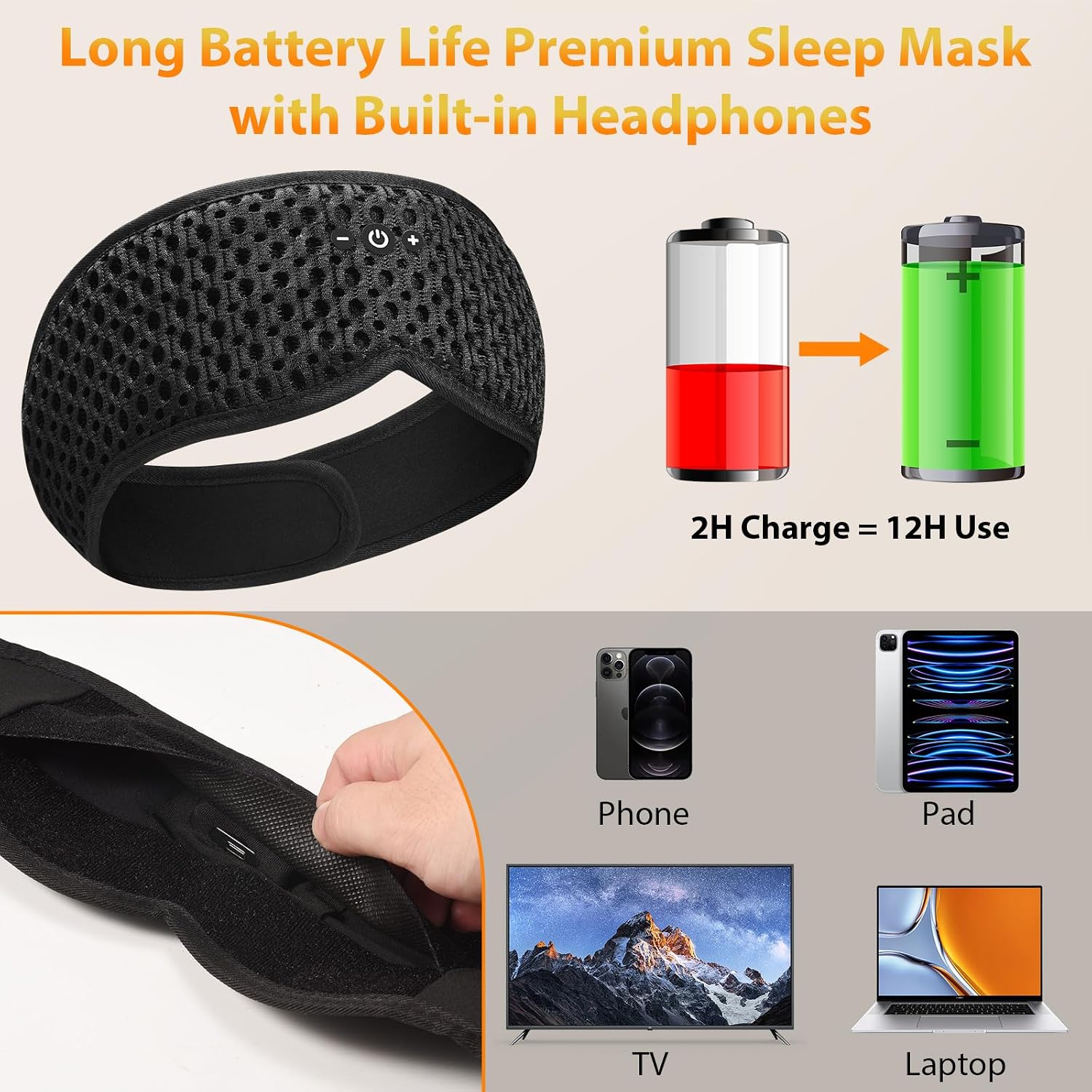 Detalle 1 de Sleep Mask with Bluetooth Headphones, Bluetooth 5.4