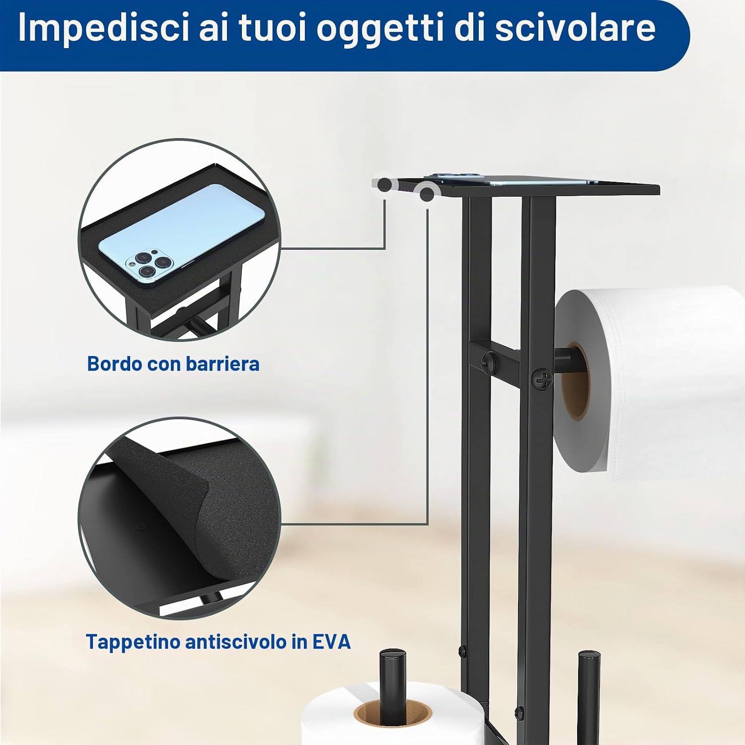 Thumbnail 3 de Susswiff Porta carta igienica in acciaio inox con ripiano, scopino e scatola salviettine umidificate – nero opaco