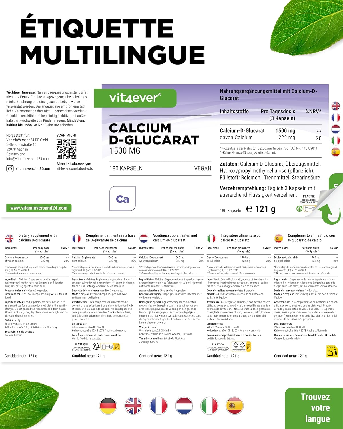 Detalle de Vit4ever Calcium-D-Glucarate 1500 mg — 180 gélules véganes, fort dosage pour une supplémentation quotidienne