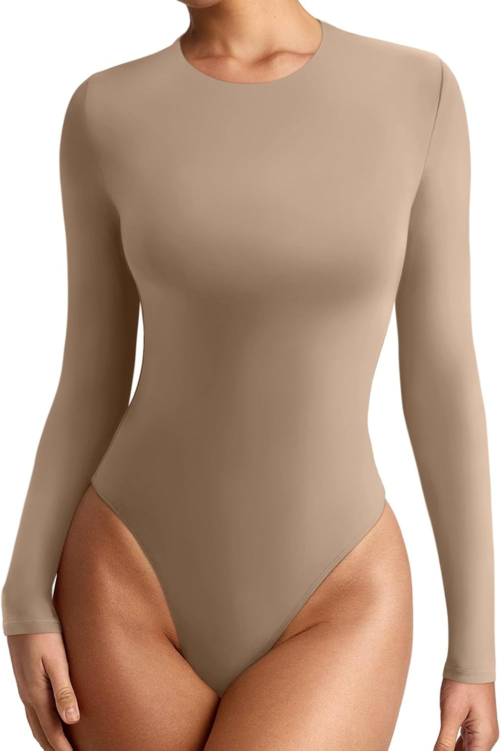 Detalle de REORIA Women's Crew-Neck Long-Sleeve Bodysuit, Slim-Fit Lightweight Layering Top