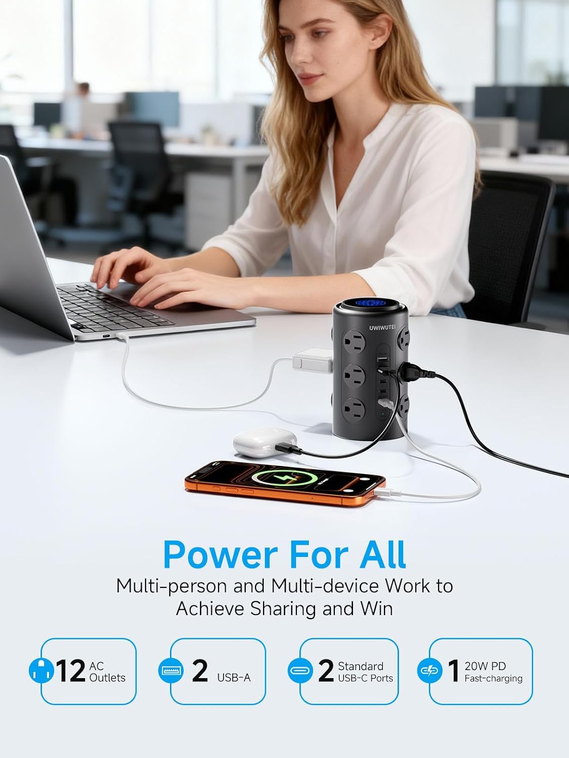 Detalle de Tower Power Strip with 20W USB-C PD