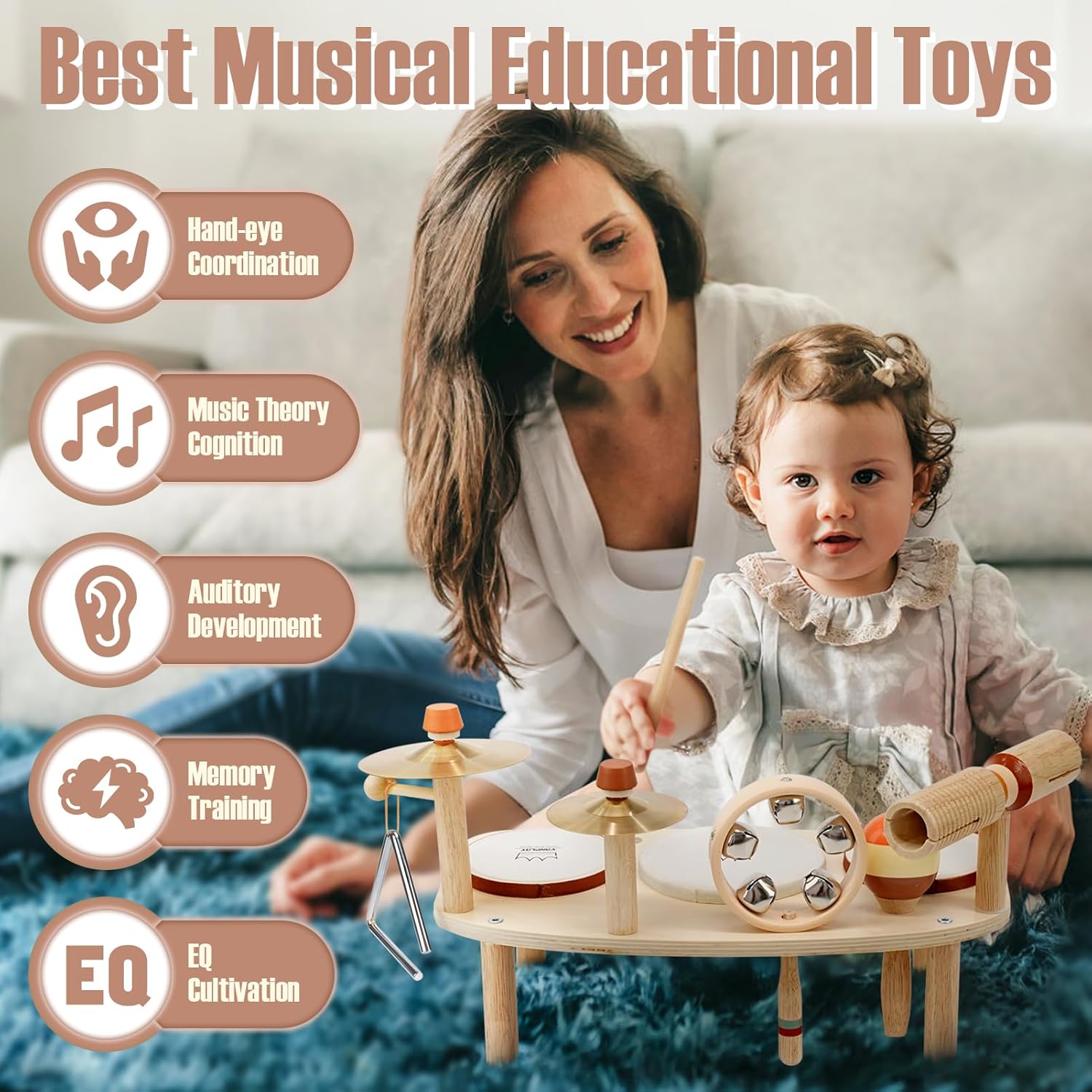 Thumbnail 2 de Kids Drum Set - Montessori 11-in-1 Wooden Musical Instruments for Toddlers