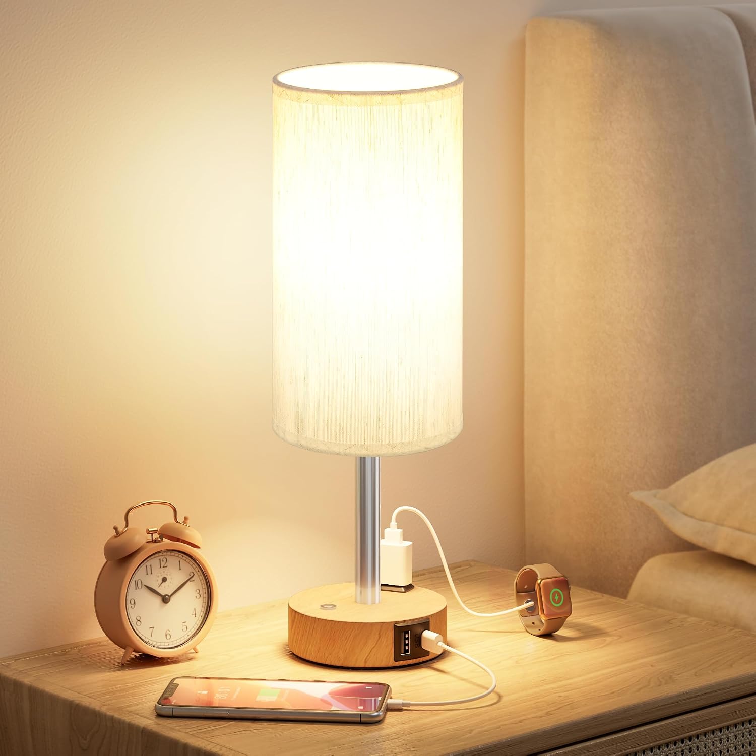 Detalle de Touch Bedside Table Lamp with Wood-Grain Base