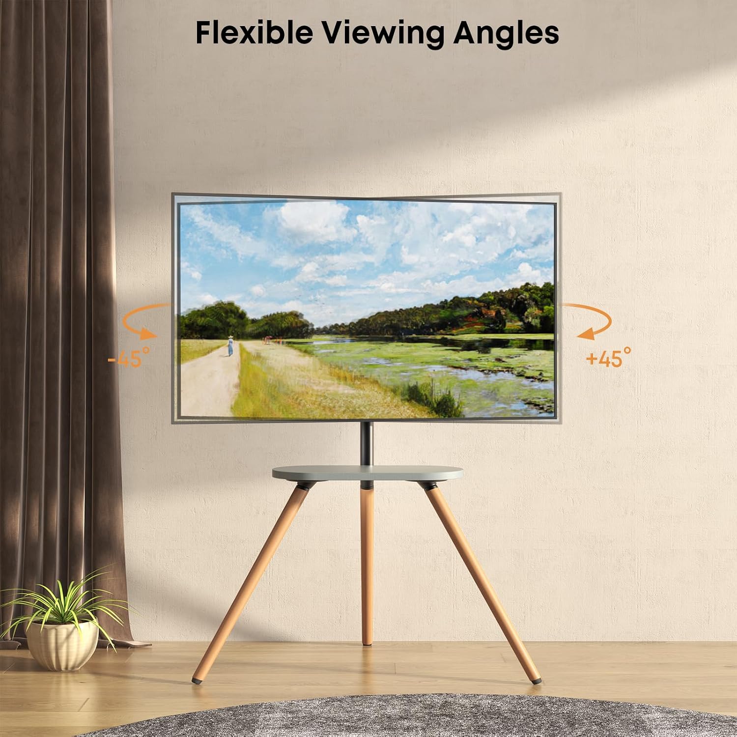 Thumbnail 6 de PUTORSEN TV Ständer im Staffelei-Design (Dreibein) für 43–65 Zoll, höhenverstellbar, VESA bis 400×400, 35 kg Tragkraft, Schwarz/Nussbaum