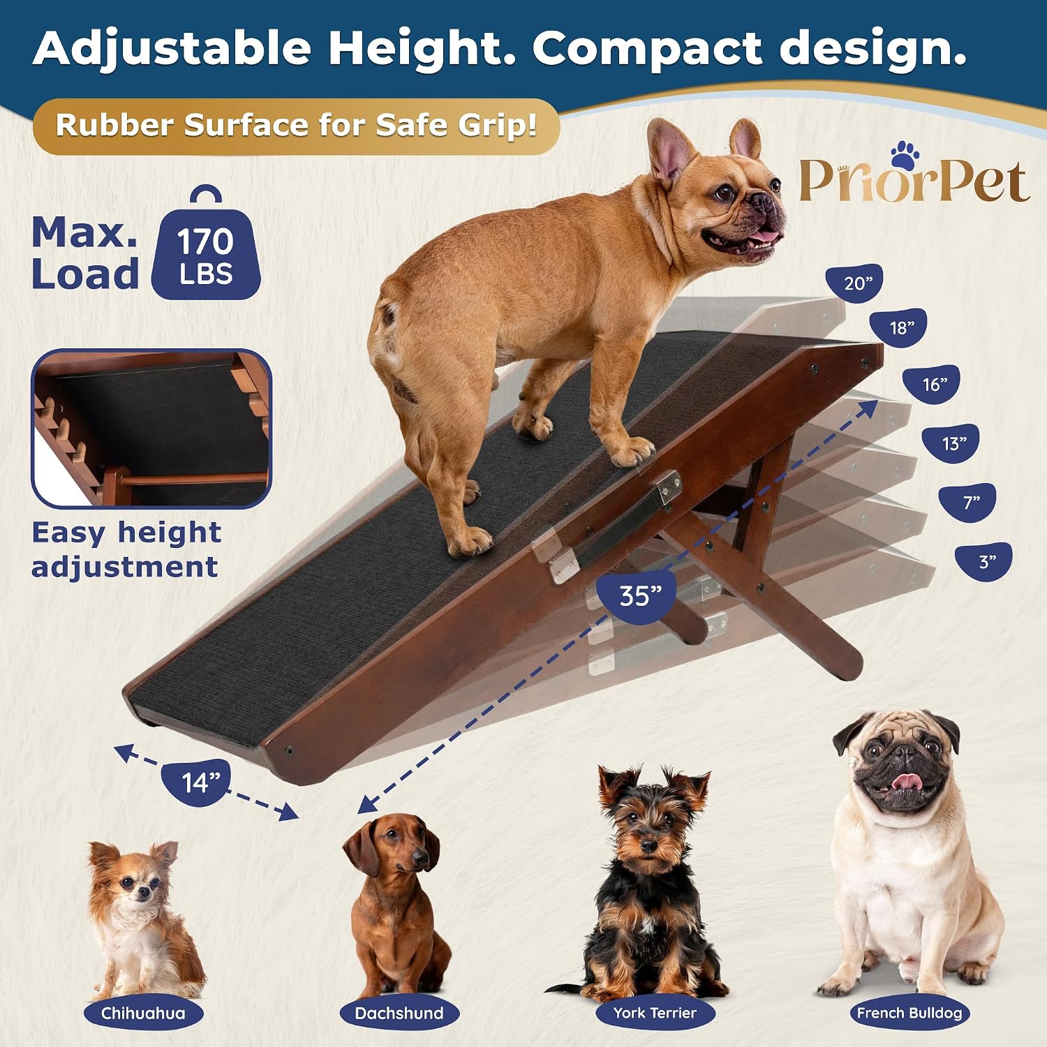 Detalle de PRIORPET Birchwood Foldable Dog Ramp for Couch (Walnut) – Adjustable 7"–20", Anti-Slip Landing Deck