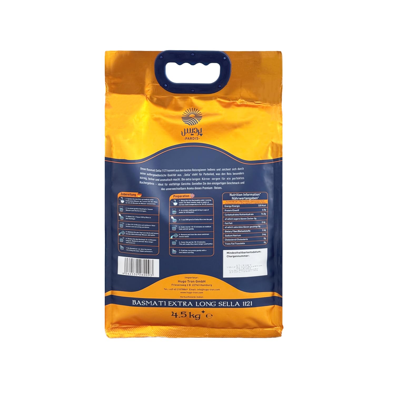 Detalle de Pardis Basmati Reis 4,5 kg – Premium Extra Langkorn, aromatisch & duftend, wiederverschließbarer Beutel