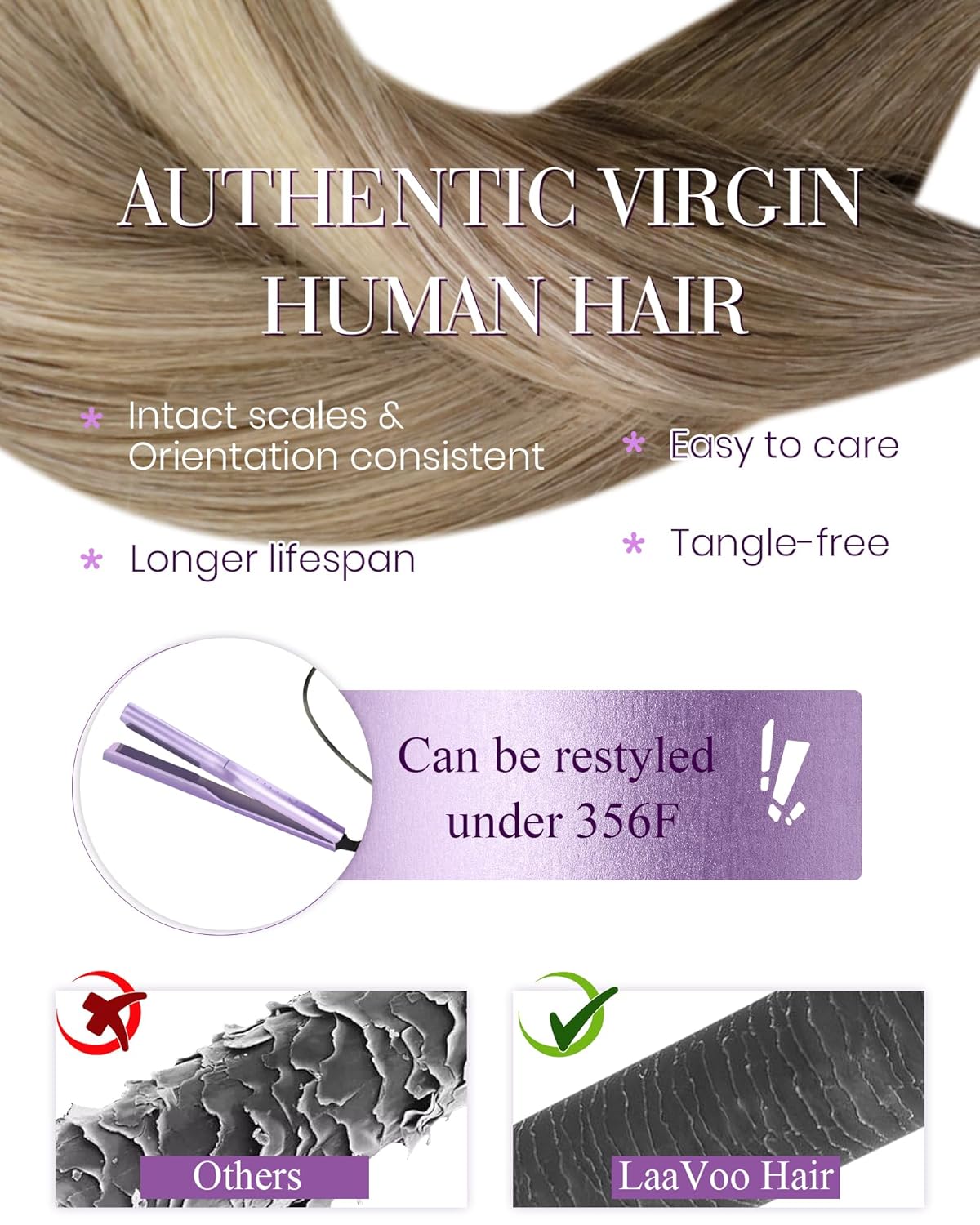Detalle de LaaVoo I Tips Real Human Hair Extensions – Balayage Brown to Ash Blonde (18in, 50g, 60s)