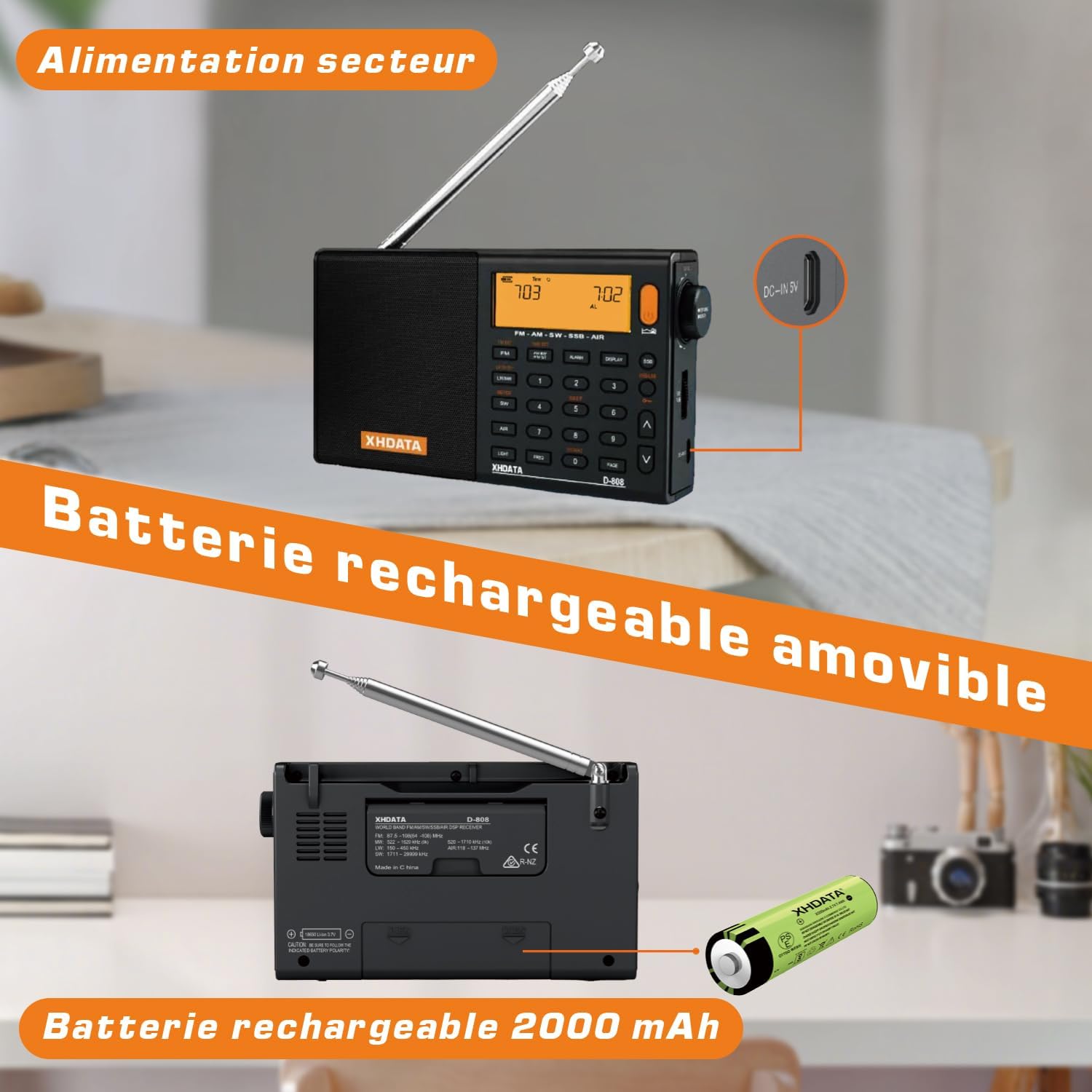 Detalle de XHDATA D-808 Ondes Courtes : Radio portable complète avec SSB, RDS et batterie rechargeable