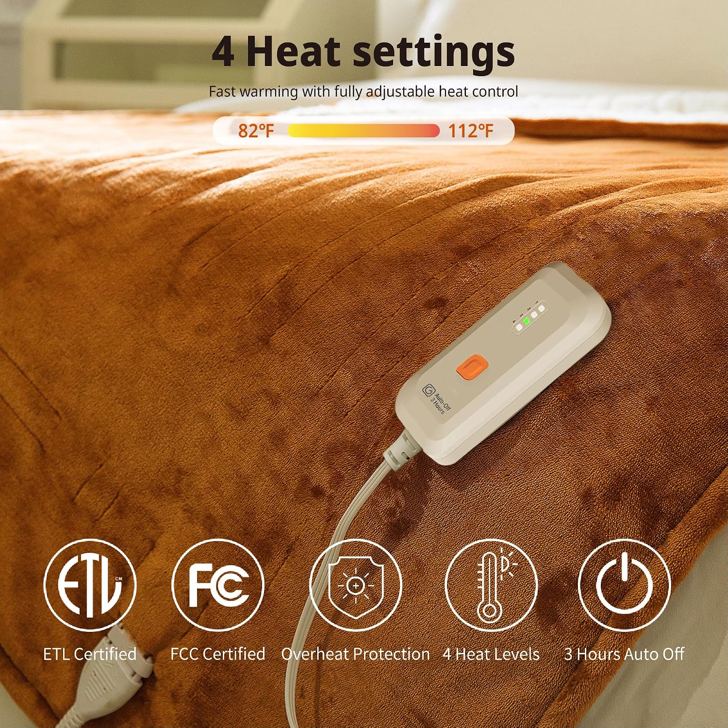 Thumbnail 3 de GOTCOZY TW1-E-F Heated Throw Blanket, Biscuit, 50" x 60", 4 Heat Settings