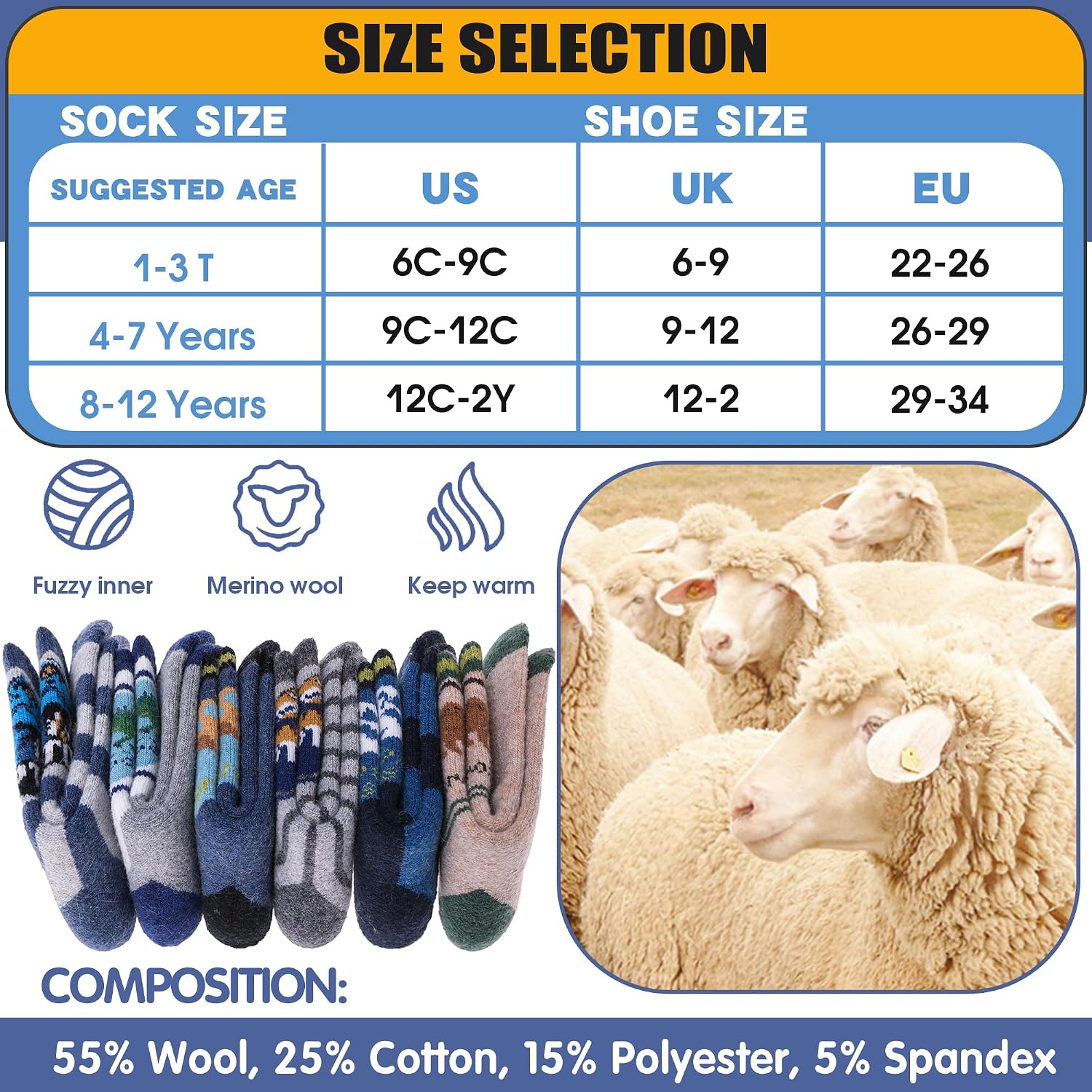 Detalle 1 de ANTSANG Kids Merino Wool Hiking Socks, 6-Pair Crew Boot Socks with Full Cushioning