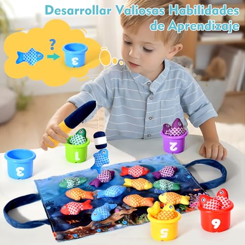 Detalle de Yitical Juguetes Montessori para Niños de 1 Año – Set de pesca de tela con taza apilables y bolsa de almacenamiento