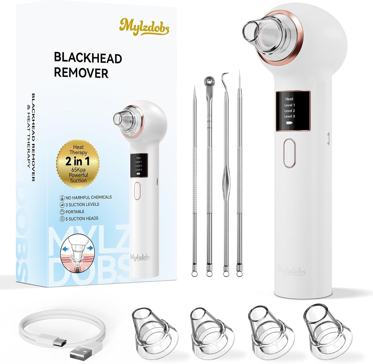 Detalle de Mylzdobs Blackhead Remover Vacuum with 3 Suction Levels and 5 Probes – White