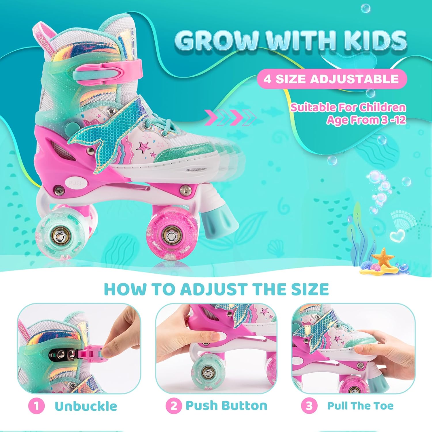 Thumbnail 1 de NEMONE Mermaid Light-Up Adjustable Roller Skates (4-Size) for Girls, Purple-Blue