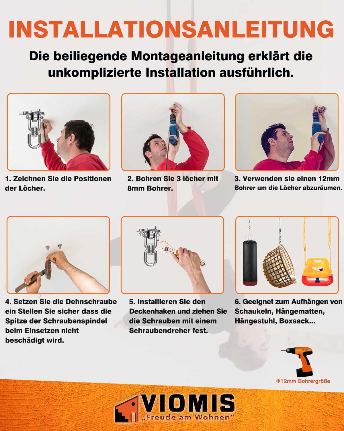 Thumbnail 6 de Viomis Edelstahl-Deckenhaken 360° drehbar – universal für Schaukeln, Hängematten & Boxsäcke (bis 450 kg)