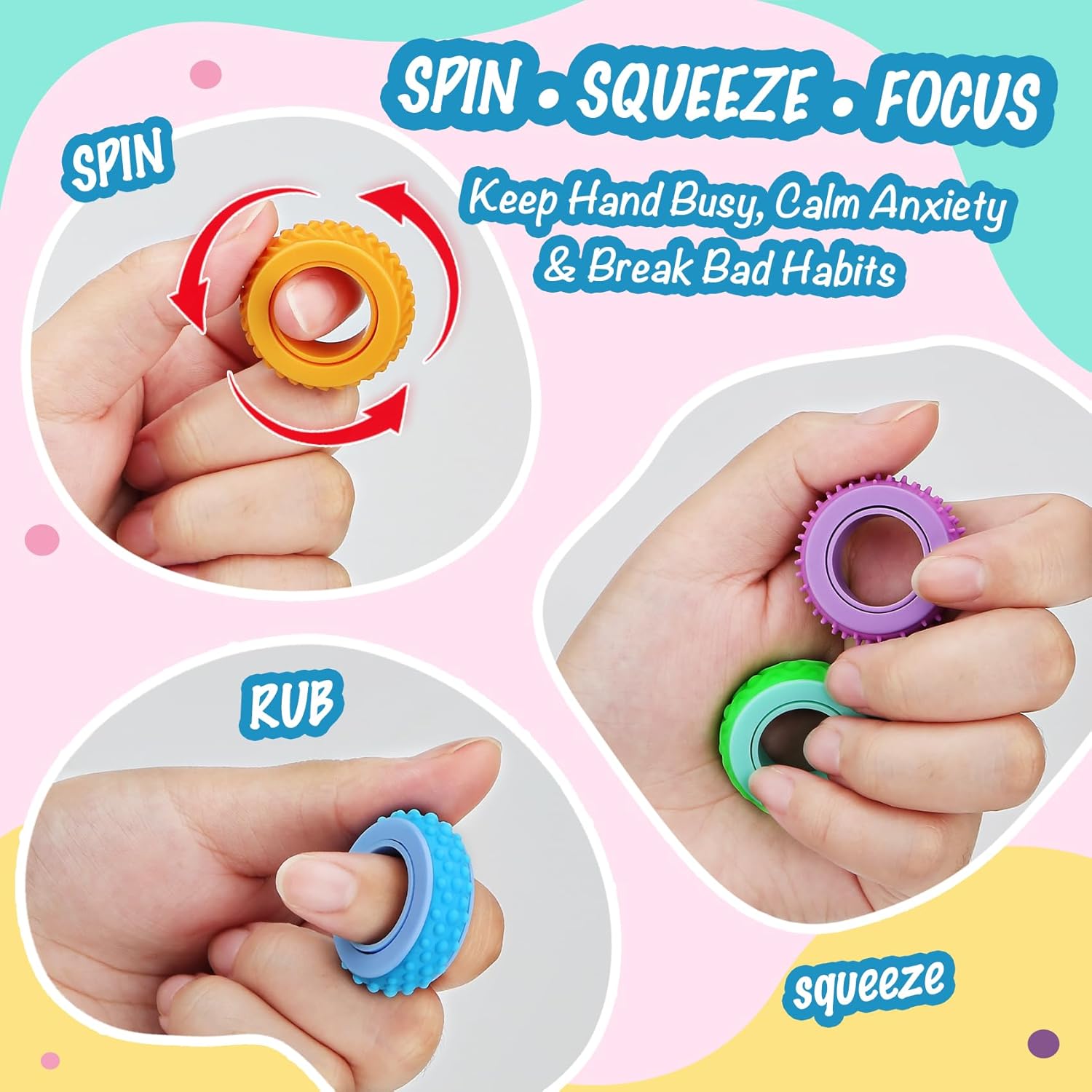 Thumbnail 2 de Fidget Ring Toys: 36 sensorische Ringe mit 6 Texturen – lautlos zur Angstbewältigung, ADHD und Autismus