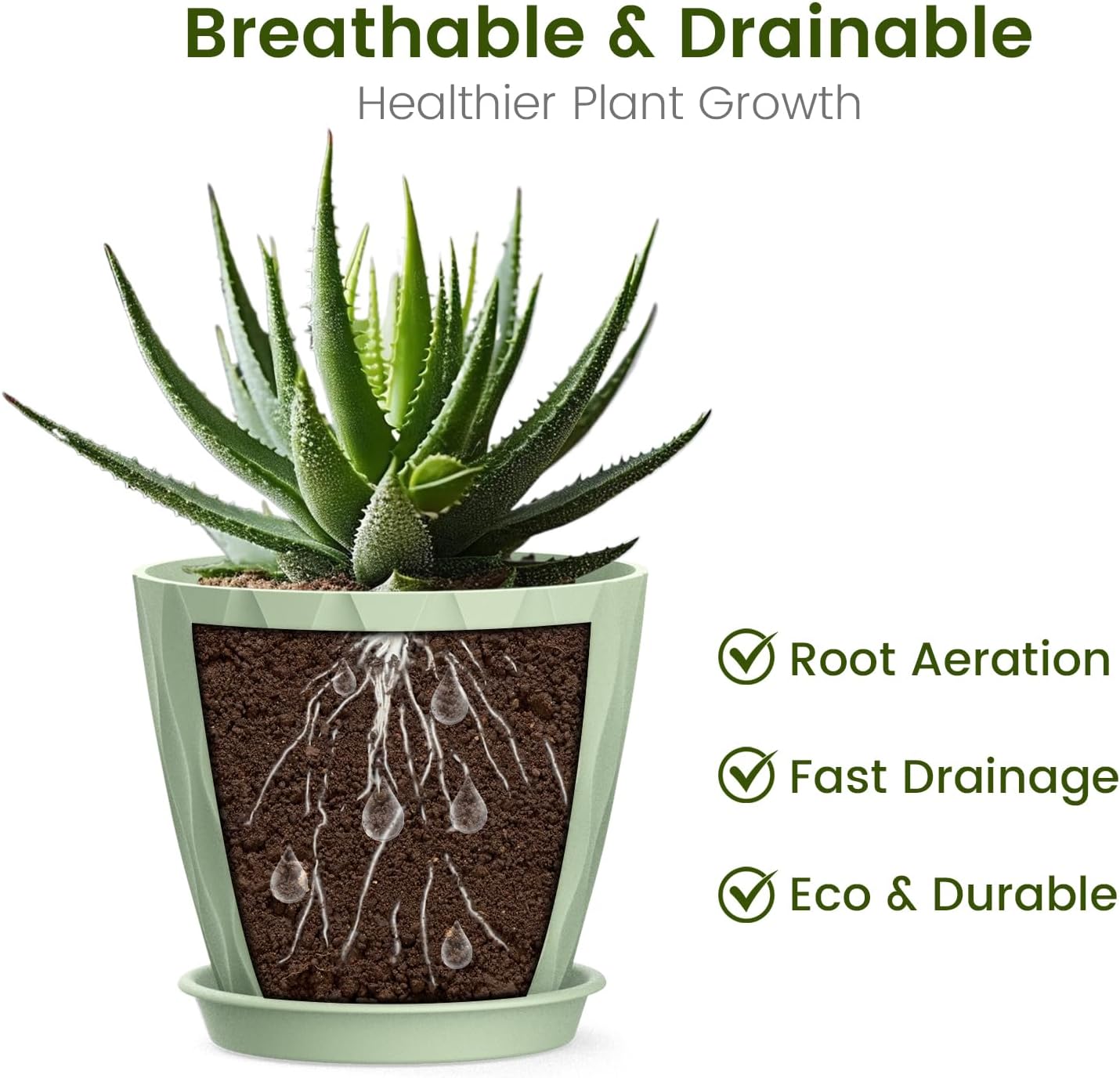 Thumbnail 1 de 12.5cm Plant Pots (6 Pack) – Light Green Plastic with Drainage Holes and Saucers