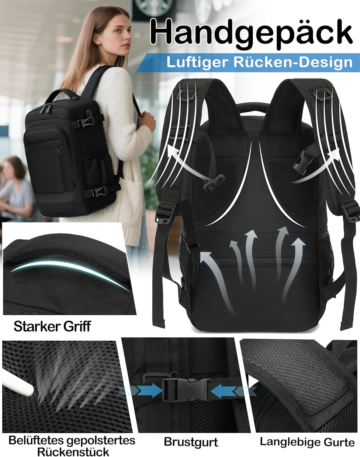 Detalle de KLOSTAIN Handgepäck-Rucksack 40 x 30 x 20 cm (24 l) für Ryanair & EasyJet, Laptop-Reise-Rucksack Schwarz