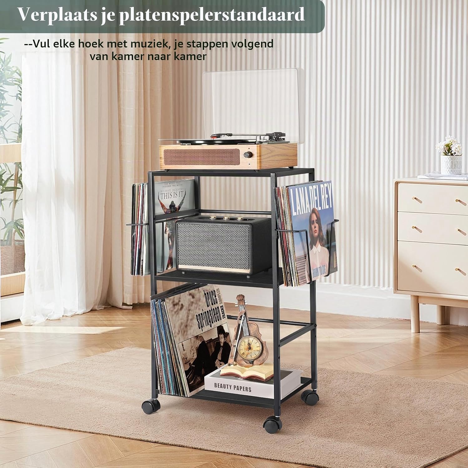 Thumbnail 4 de Bikoney platenspelermeubel voor vinylplaten, zwart hout-metaal, 3 niveaus