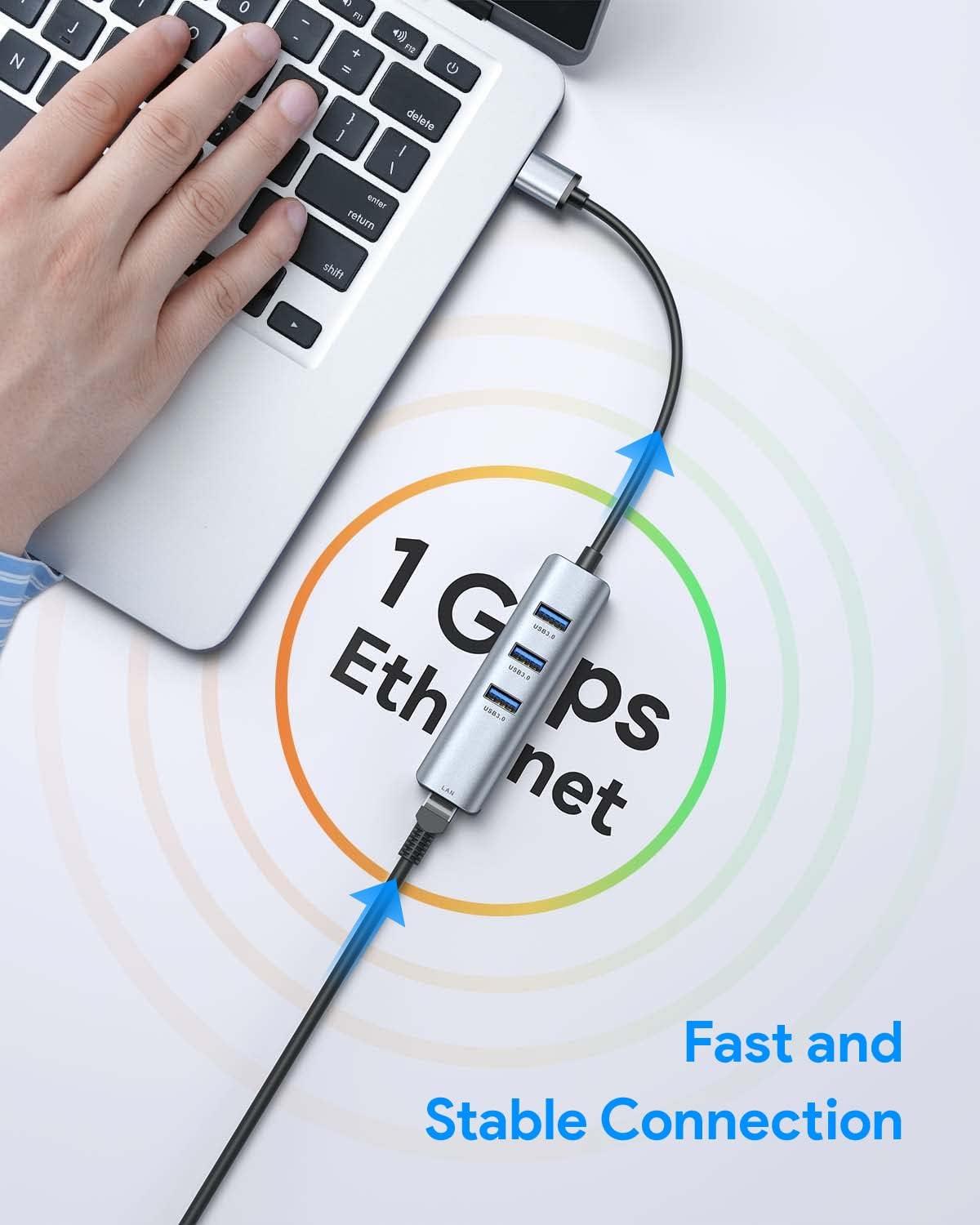 Thumbnail 2 de ABLEWE USB 3.0 to Ethernet Adapter with 3-Port USB 3.0 Hub and Gigabit RJ45