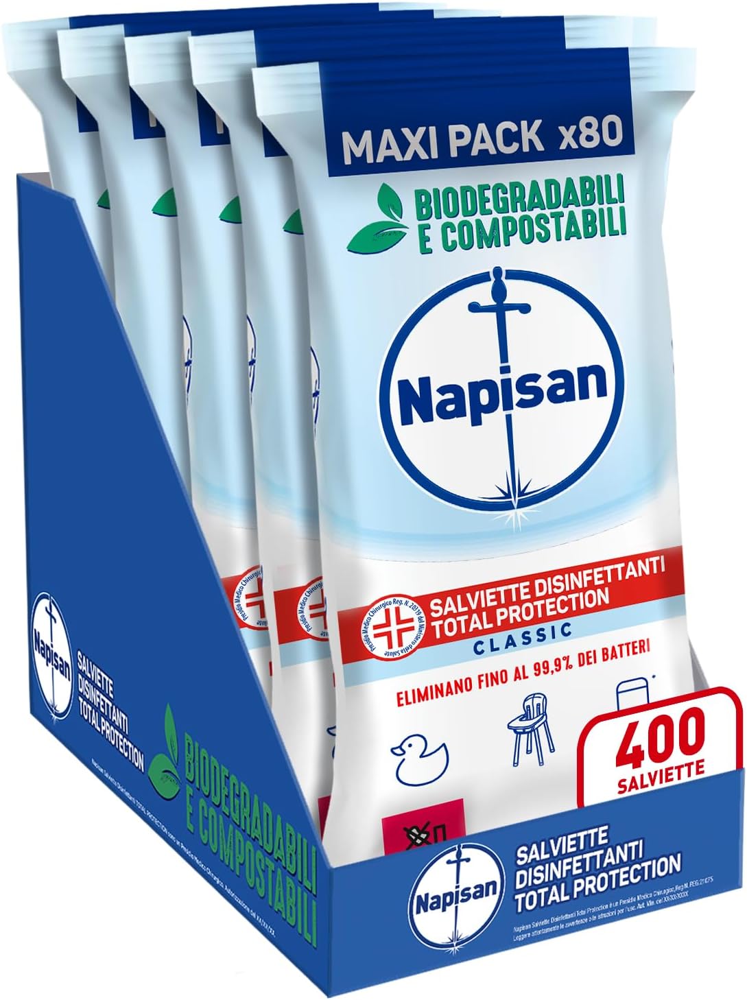 Detalle de Napisan Salviette Disinfettanti Total Protection 5 confezioni da 80 salviette – biodegradabili e compostabili