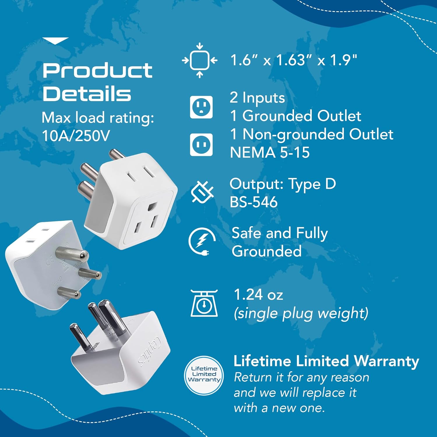 Detalle 2 de Ceptics CT-10 India Plug Adapter 3-Pack ๐