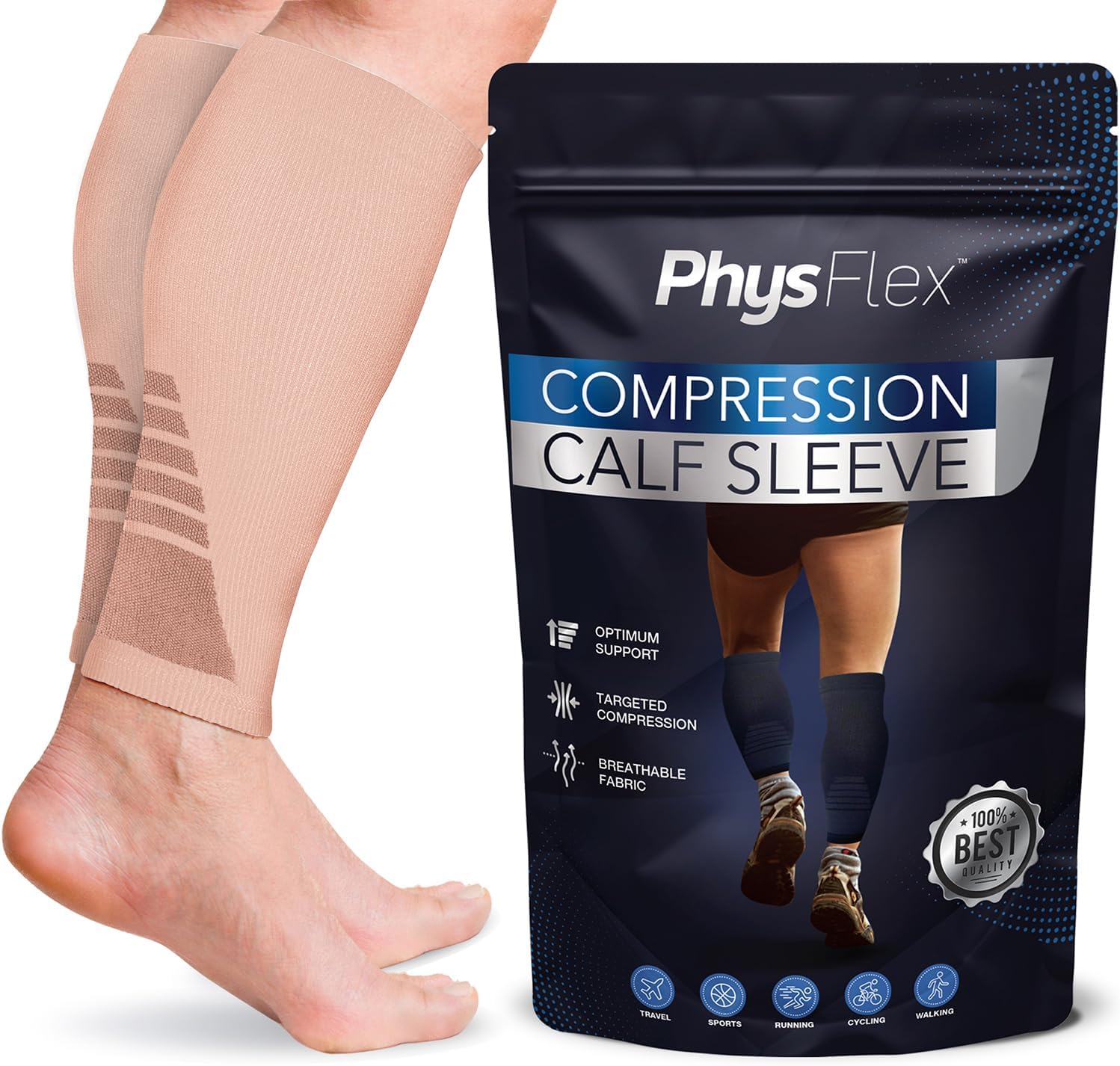 Detalle de PhysFlex Footless Calf Compression Sleeves, Beige, Medium, 1 Pair