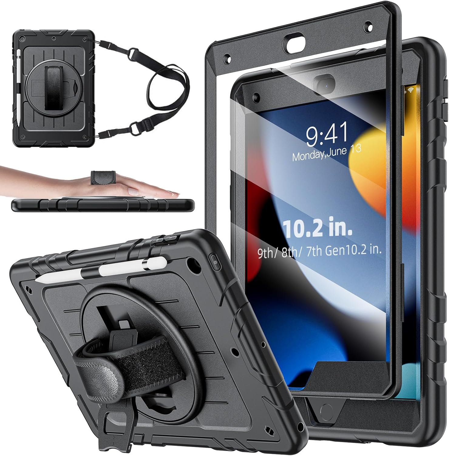 Detalle de Stweap Case for iPad 9th/8th/7th Gen 10.2" with Built-in Screen Protector, Pencil Holder, 360° Rotating Hand Strap