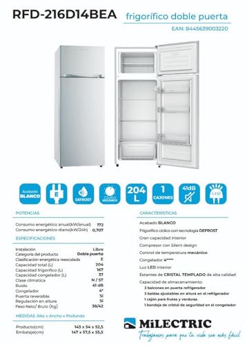 Detalle de MILECTRIC Frigorífico Dos Puertas RFD-216D14BEA, 204 L, 143 cm, Blanco