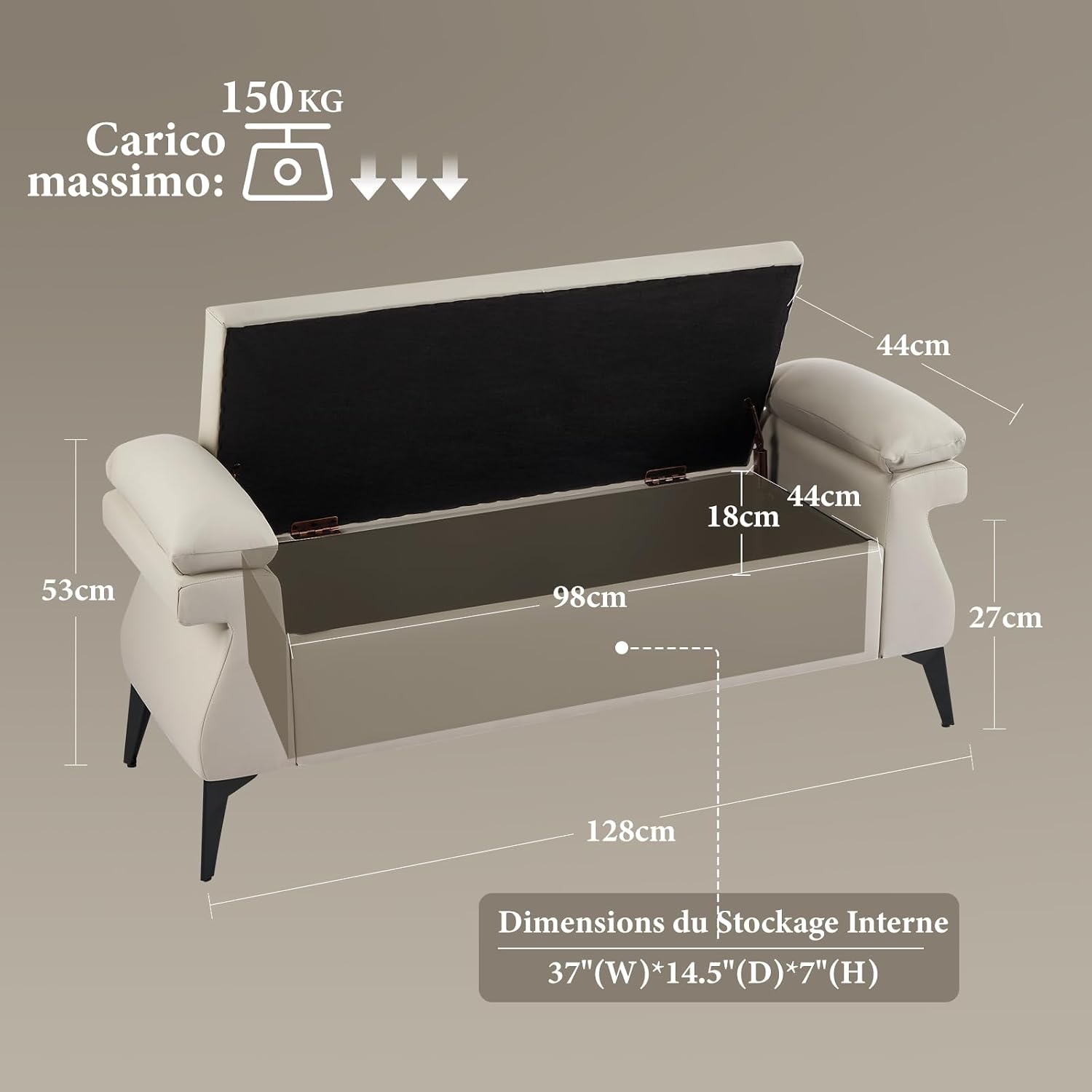 Detalle 2 de Ckaff Panca Contenitore per Camera da Letto 128x44x53 cm – Panca fondo letto in pelle PU, grigio chiaro